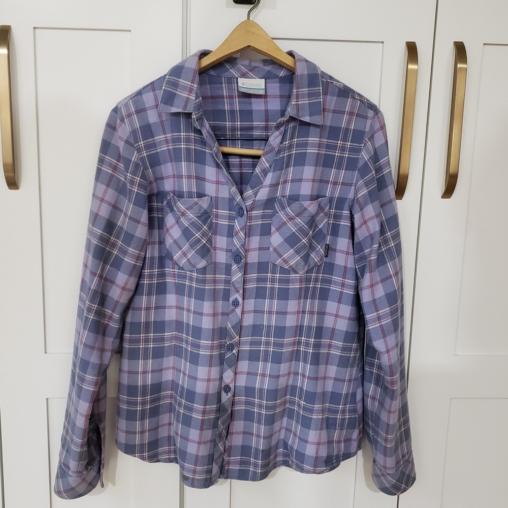 Columbia Flannel Shirt Womens M Blue Purple Plaid Long Sleeve Button Up V-Neck